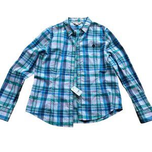 Brooks Brothers Red Fleece 12 NEW Blue Green Plaid Long Sleeve Button-Up Shirt